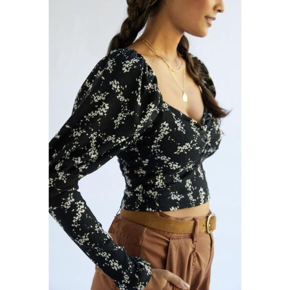 Anthropologie Sweetheart Top‎ Black Floral Long Puff Sleeve Blouse Top Size XS - Picture 1 of 9